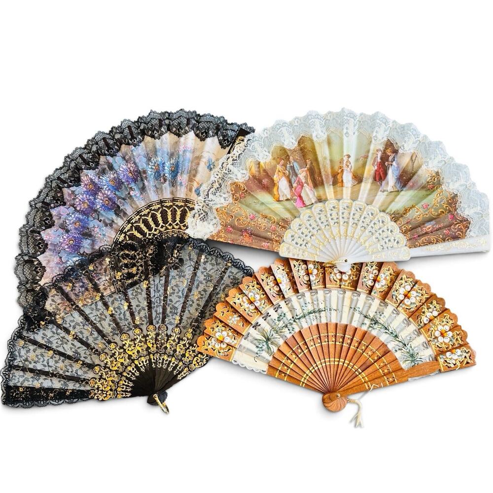 Vintage Spanish Folding Hand Fans Lot of 4 Lace Trim Floral Courting Scene
